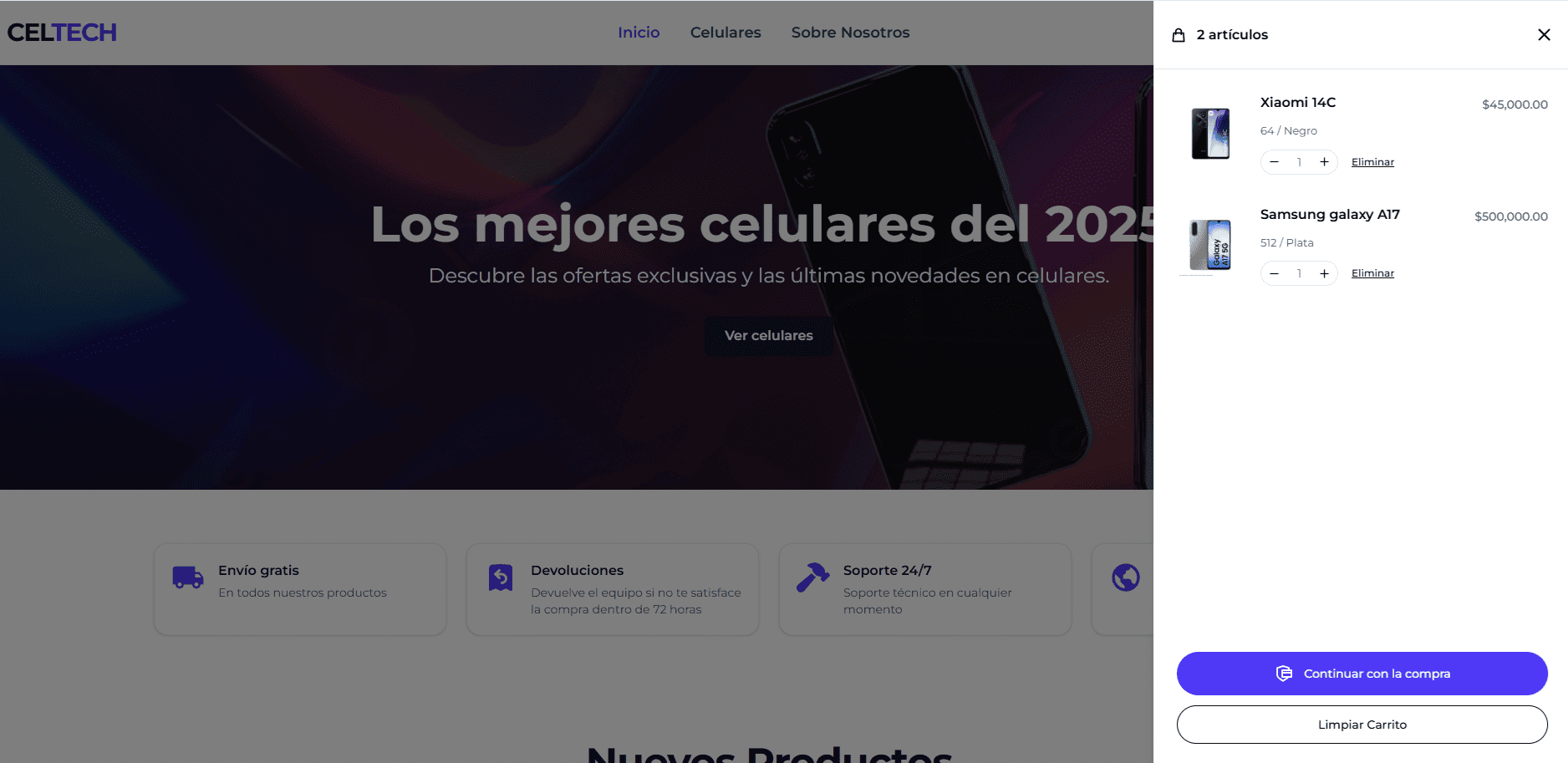 Vista de la tienda online CellTech con catálogo de celulares.