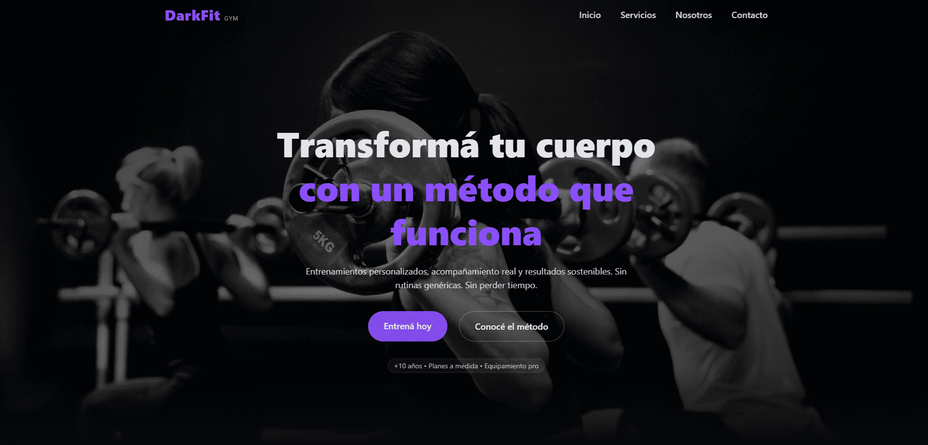 Landing page de Dark Gym con estética oscura y contenido del gimnasio.